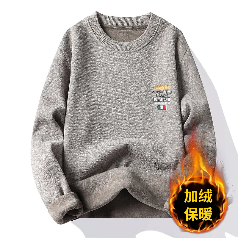 Men's Sweater Spring and Autumn Thick Plush Thickened Round Neck Knitted Bottom Shirt Men's Inner Layer Autumn and Winter 2023 N