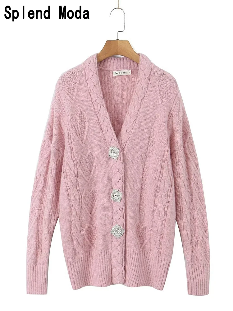 

2023 Women Autumn Fashion Sweet Vintage Jacquard Knitted Long Cardigan Chic Rhinestone Buttons Jackets Cute Loose Sweaters TRAF