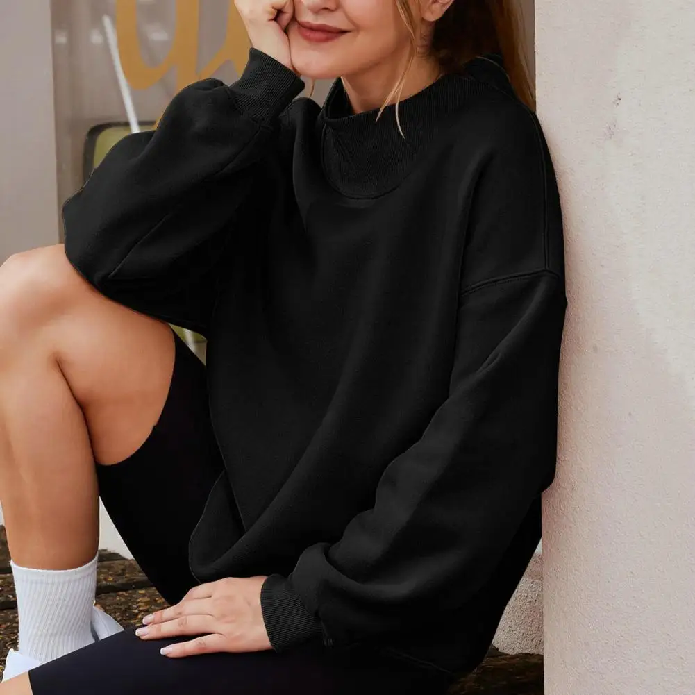 

Уютная женская толстовка, Уютная толстовка с высоким воротником для женщин, теплый плюшевый пуловер с эластичными манжетами, спортивный пуловер средней длины для осени