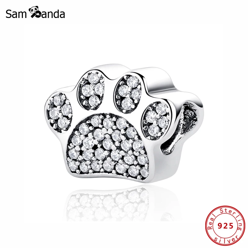 Autentico Originale 925 Sterling Silver Bead Charm Paw Prints Pave Cz Charm Sparking Gold Fit Pandora Bracciali Donna Gioielli Fai Da Te