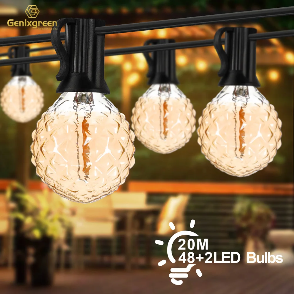 25FT 65FT G40 E12 Outdoor Garland String Light Vintage Dimmable Diamond Shaped Bulb Backyard Connectable Decor Fairy Light Chain