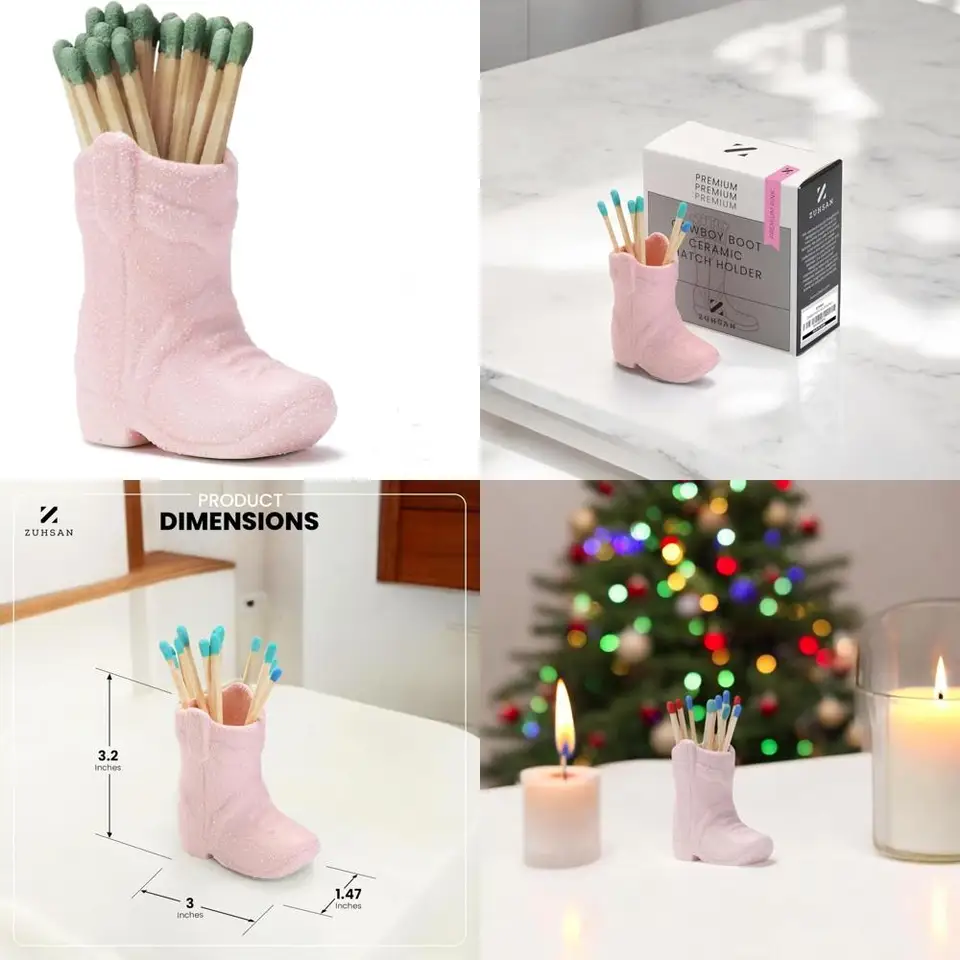 Cowboy Boot Match Holder With Striker For Decorative Matchsticks - Ceramic Cowgirl Boot Decor Aesthetic Small Cute Matchstick Box Western Decorative Mini Matchesboxes For Bathroom Fireplace (White