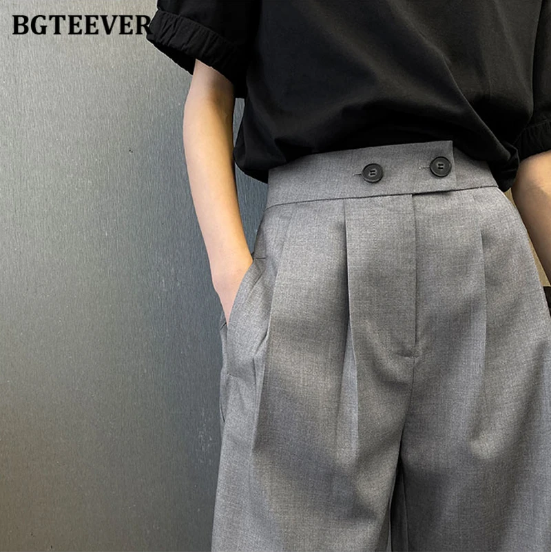 BGTEEVER Casual High Waist Double Button Solid Straight Shorts Women Spring Summer Fashion Ladies Wide Leg Suits Shorts