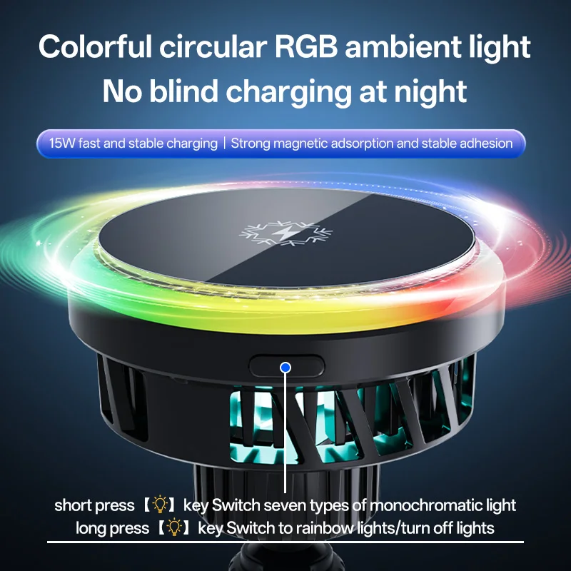 Car RGB Light & Cooler & 15W Magnetic Wireless Charger Stand For Magsafe iPhone 17 16 15 14 13 12 Pro Max Fast Charging Station