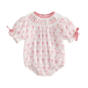 0-24M Baby Girl Summer Romper Short Sleeve Letter Embroidery Bow Print Smocked Bodysuit Newborn Playsuit 1