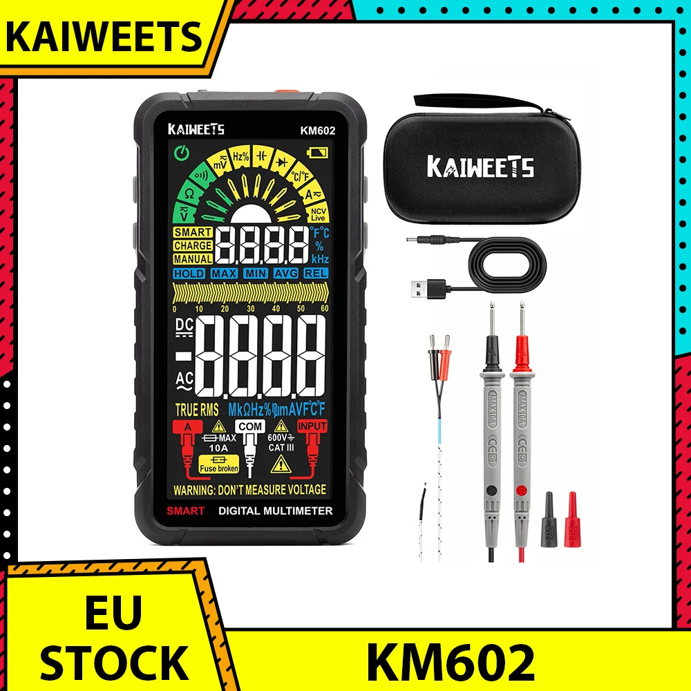 Kaiweets Km602 Multimetro Digitale 6000 Conteggi Misuratore True-Rms Modalità Intelligente Modalità Manuale 1200Mah Batteria Ricaricabile Torcia Auto