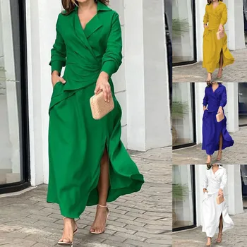 Dresses For Women 2024 Plus Size Women Spring And Autumn Solid Color Temperament Lapel Long Slit Solid Color V Woman Clothing 5