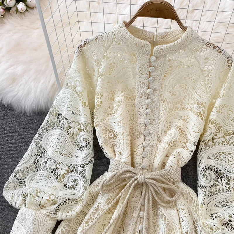 Vintage Court Style Lace Dress Women Elegant Hollowed Out Lantern Long Sleeve Slim Party Dresses Ladies Beige Black Long Robe