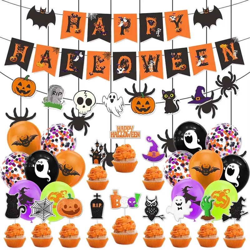 Halloween Party Decoration Set Happy Halloween Banner Trick or Treat Garland Spider Web Hanging Swirl Cupcake Topper Balloon