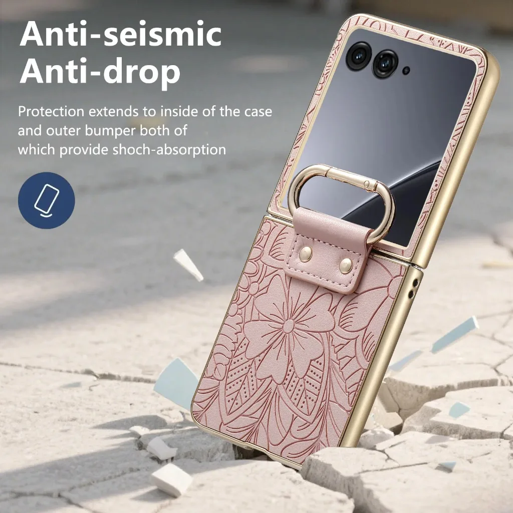 Elegant Embossed Flower PU Leather Phone Case with Ring Buckle - Shockproof & Protective Cover