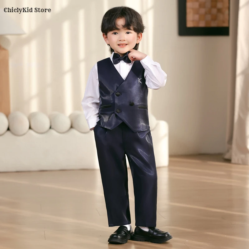 3 Piece Suit For Boys Wedding Tuxedo Double Breasted Vest Blazer Pants