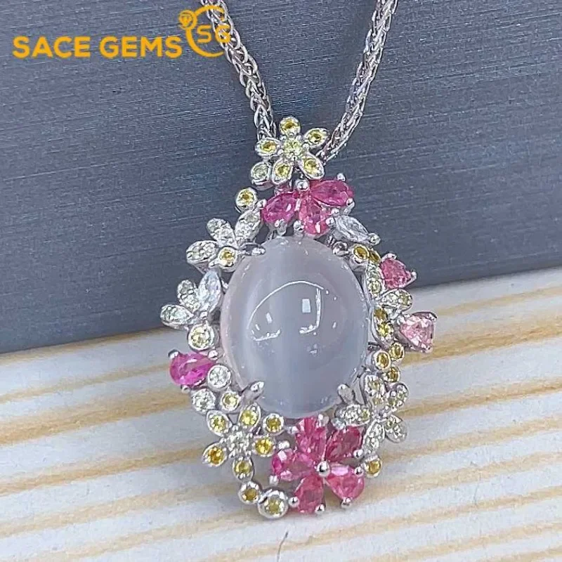

SACE GEMS Luxury 925 Sterling Silver Certified 10*12MM Natual Moon Stone Pendant Necklace for Women Cocktail Party Fine Jewelry