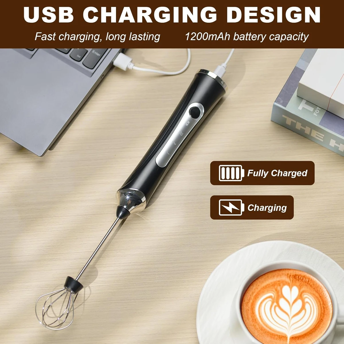 Handheld Milk Coffee Frother Rechargeable Electric Whisk Drink Mixer For Latte Cappuccino Hot Chocolate Egg Kitchen Whisk Gadget 5