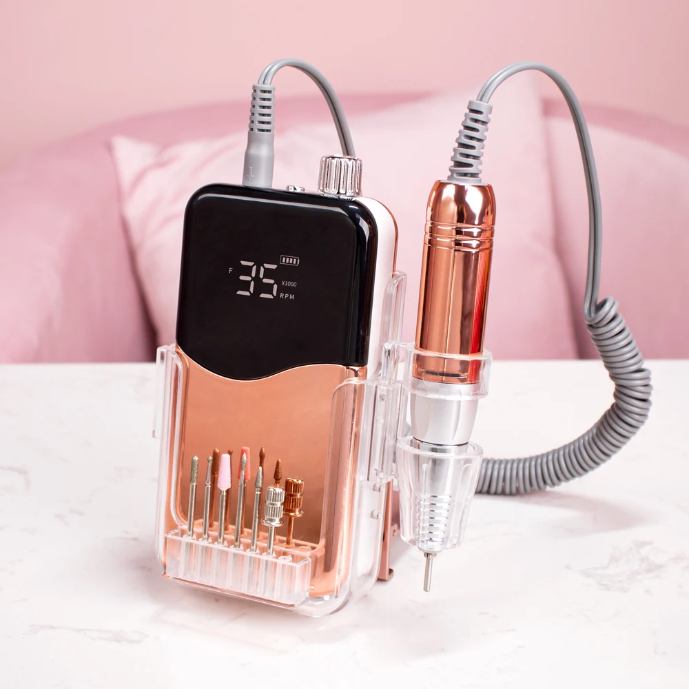 Pro Nail Drill Machine 35000 RPM Portable Electric Nail File Rechargeable Manicure Machine Set Kit Metallic Gold with Base Use 5