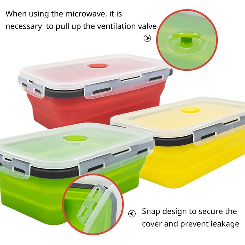 Food grade square portable foldable silicone lunch box for refrigerator microwave oven storage outdoor 1PCS