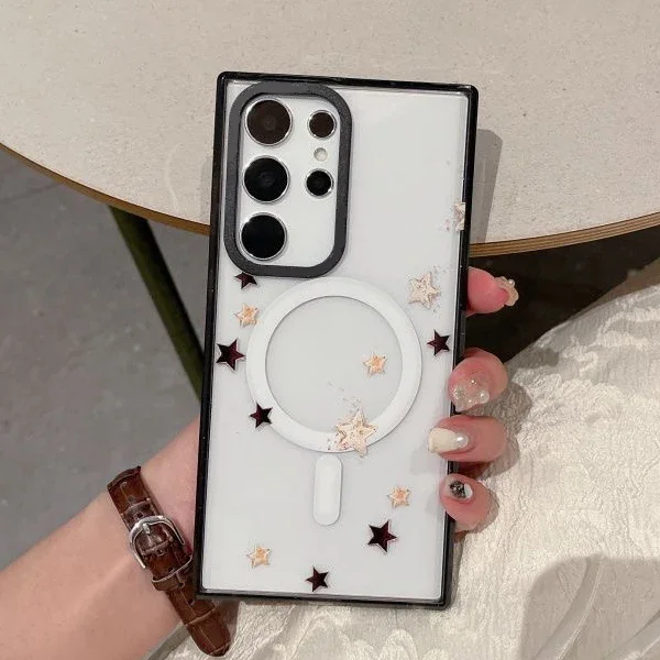 Black Heart Star MagSafe Acrylic Black Border Case for Samsung Galaxy S22 Ultra S23 Ultra S24 Ultra Cover Protective Shell