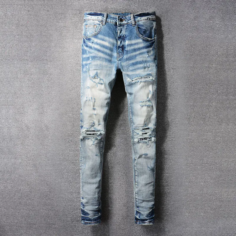 

Streetwear Fashion Men Jeans High Quality Retro Blue Stretch Skinny Fit Ripped Jeans Men Patched Designer Hip Hop Brand Pants