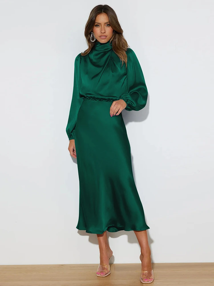 Satin Long Sleeve High Neck Dress 1