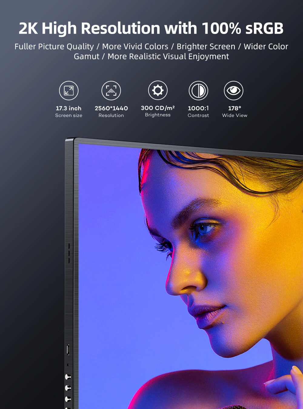 Eviiv 2K ޴  17.3 ġ 2560x1440 100% sRGB HDR USB-C  °    Ʈ PC Mac ȭ PS4 Xbox