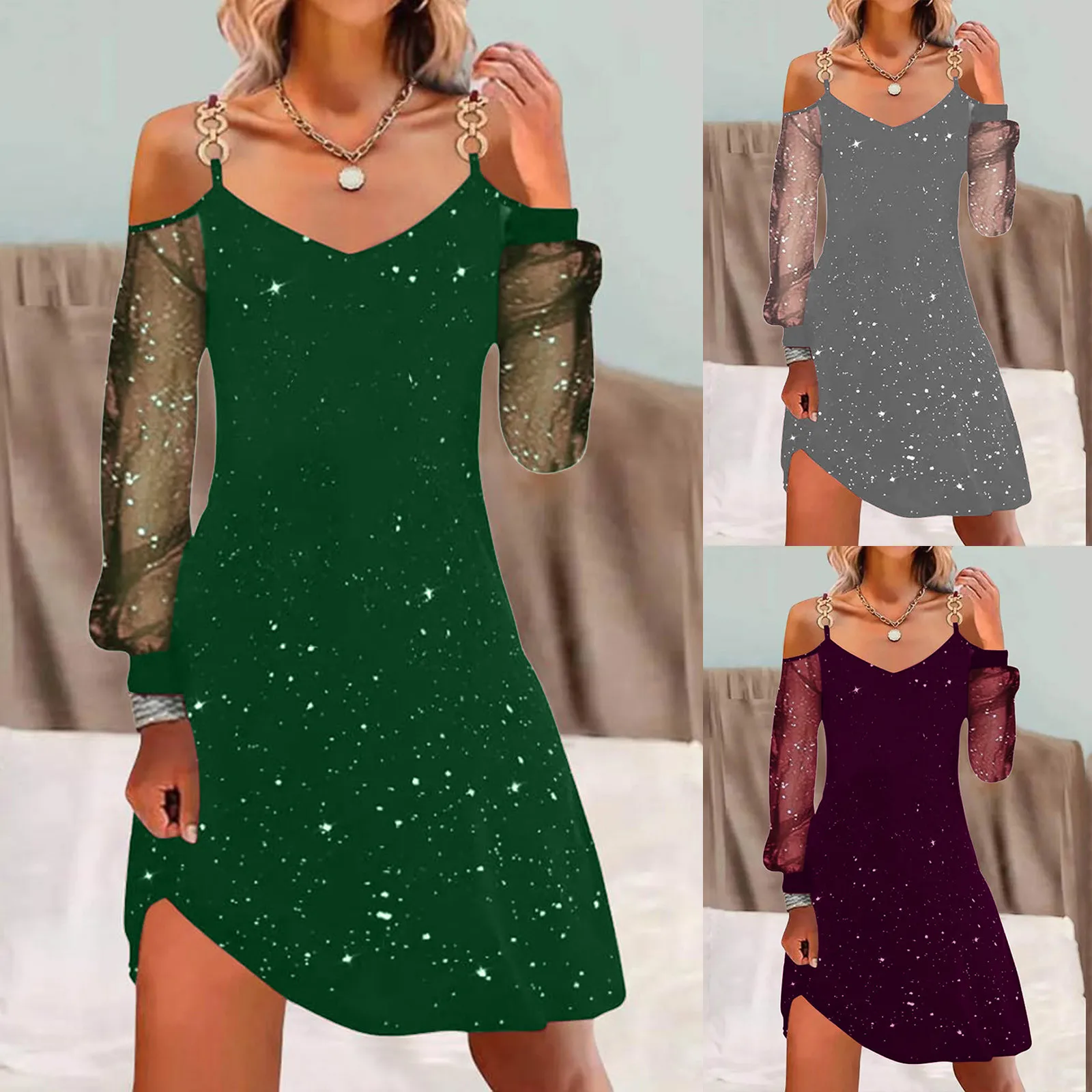 

Women Dress Christmas Solid Color Patchwork Mesh Long Sleeved Dress Dress For Ladies Ruffles sweet