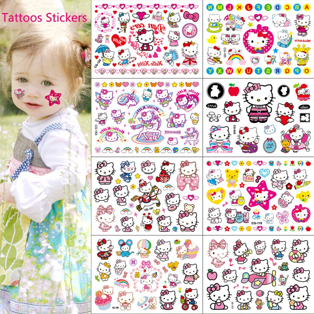 1pcs Anime Sanrio Hello Kitty Cartoon Tattoo Stickers Girls Birthday Gifts Fake Taty Kids Body Waterproof Temporary Tattoo Toys 70pcs box sanrio fake nail jewelry set cartoon hello kitty cinnamoroll mymelody diy anime accessories charms gems kit diy crafts