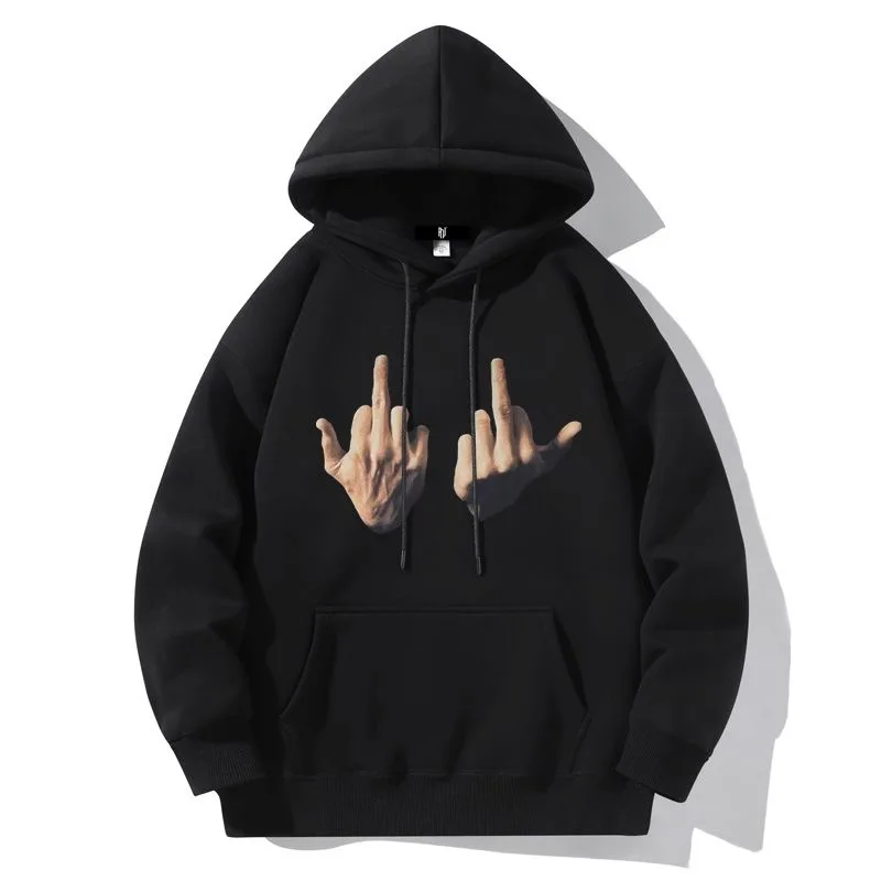 

Cotton High Street Vintage Sweatshirt Hoodie Autumn Winter New American Trend Korean Edition Top Finger Pattern Pullover Hoodie