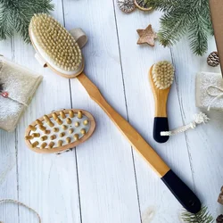 Detachable Long-handled Wooden Bathbrush with Boar Bristle Brush Body Dry Massager Loofah Back Scrub Towel Set Navy Bath Brushes
