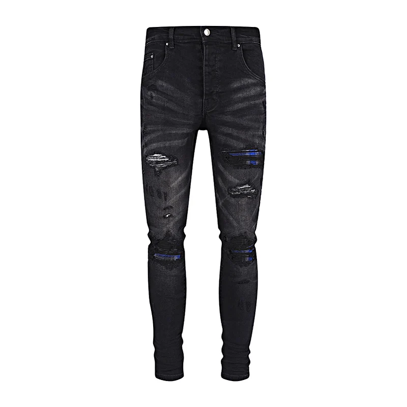 Street Fashion Men Jeans Retro Black Gray Stretch Elastic Skinny Ripped