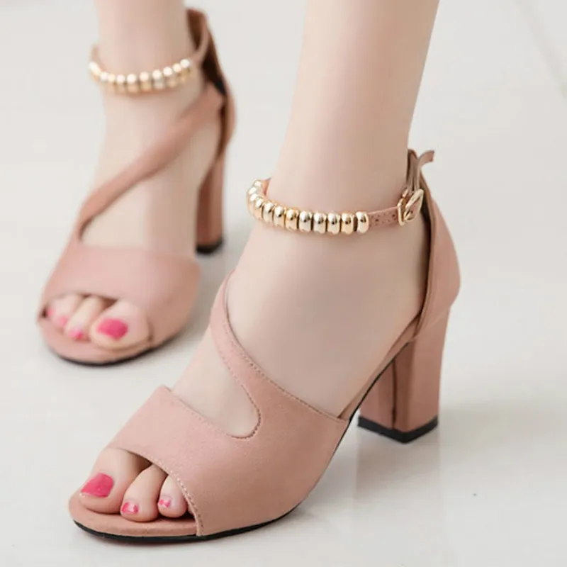 

Spring Summer Sexy Fish Mouth Hollow Roman Sandals Thick with Word with Beaded High Heels Female Summer Sexy Female Sandals New