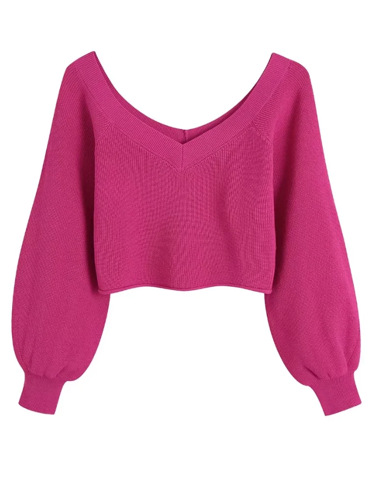 

BBWM Vintage Spring Knitted Puff Sleeve Women Sweaters Short Pullovers New Fashion Female V Neck Cute Sweater Casual Slim Chic