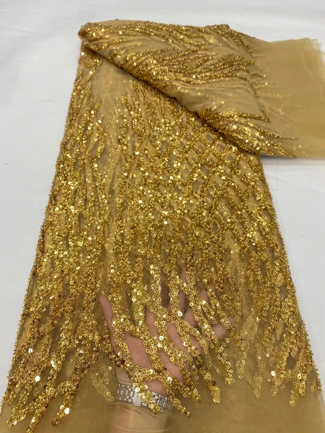 

African Gold Tulle 5 Yards Dubai Beaded Embroidery Lace Mesh Sequins Fabric Wedding Dress For Women Sewing Fabrics By The Meters