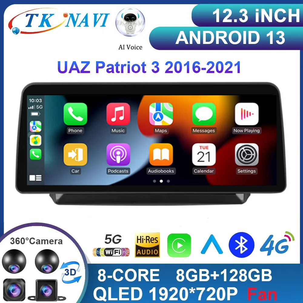 

12.3 Inch Android 13 For UAZ Patriot 3 2016-2021 Car Radio video split Multimedia Navigation Carplay 5G QLED DSP 360 WIFI 8+256G