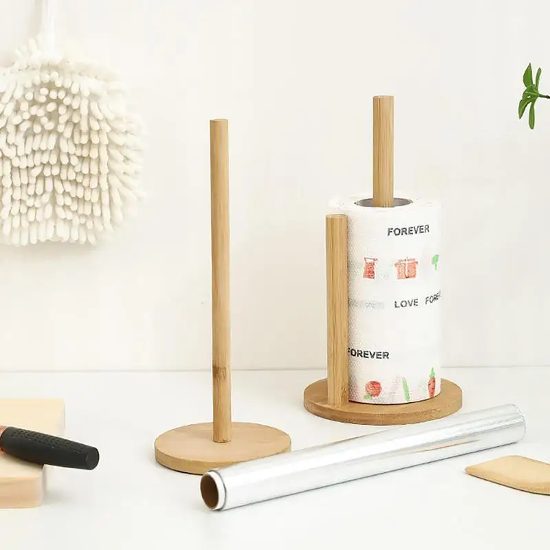 Wood Paper Towel Holder Kitchen Roll Paper Towel Holder Bathroom Tissue Vertical Stand Anti-Skid Base Storage