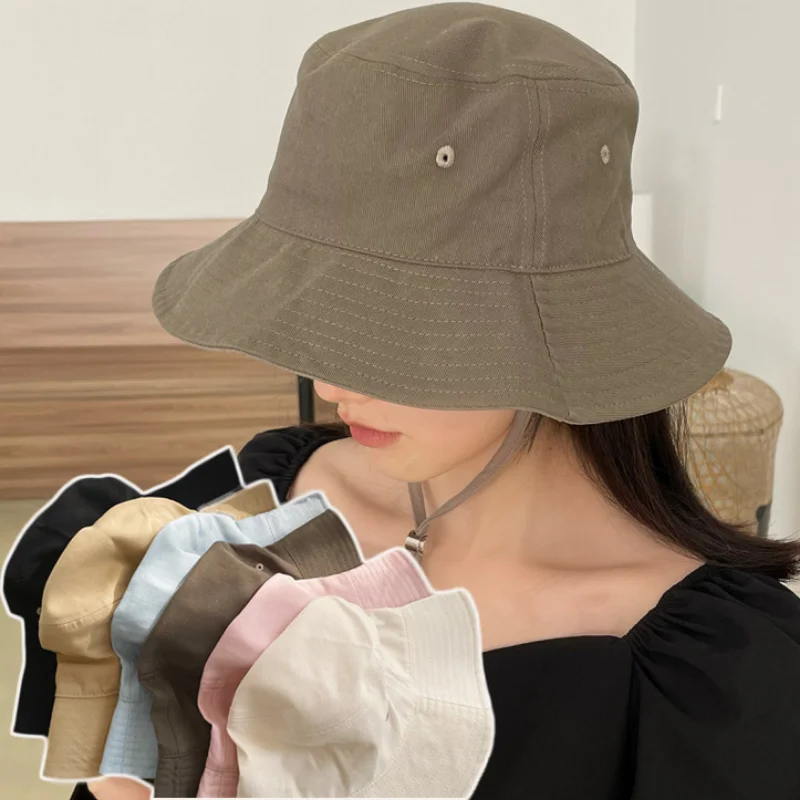 

New Spring Summer Bucket Hats Women Contrasting Wind Rope Bucket Hat Soft Foldable Fisherman Caps Outdoor Travel Fishing Sun Hat