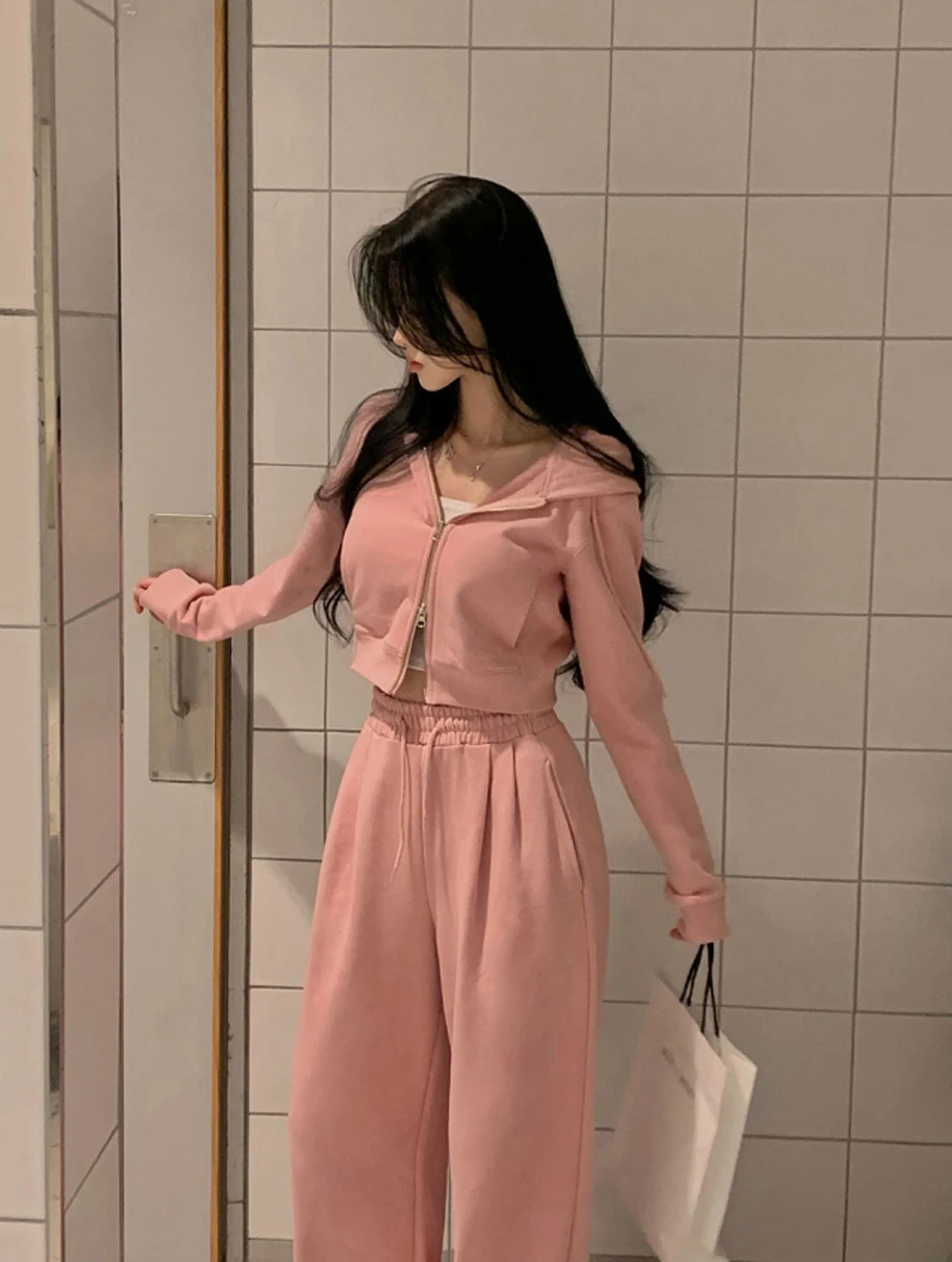 Korean Fashion Streetwear 2-piece Pants Set Women Tracksuit Autumn New Hooded Zip-up Crop Top Long Pants Casual Solid Outfits