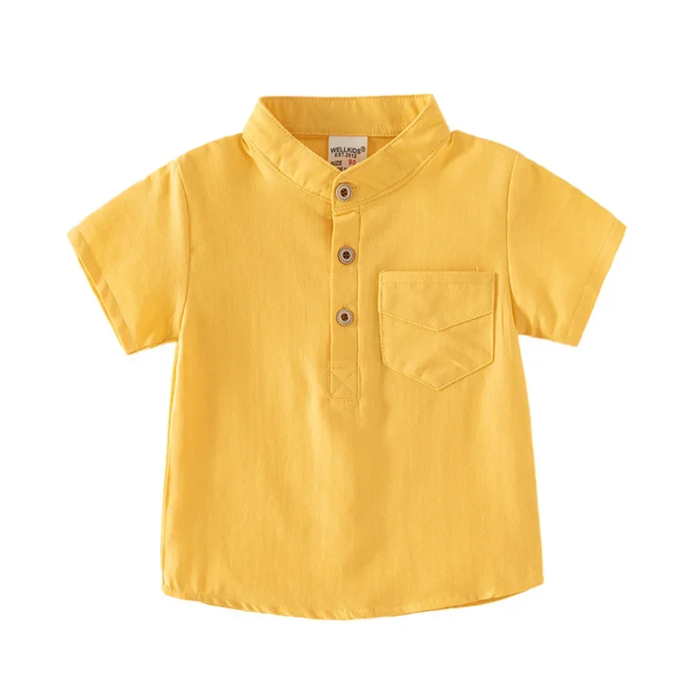 Baby Boys Blouse Toddler Short Sleeved T-shirt Kids Solid Color Shirts with Pocket Summer Children's Cotton Clothing Casual