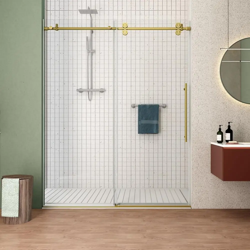48" W x 76" H Frameless Sliding Glass Shower Door with Handle Clear Tempered Glass Stainless Steel Frame Adjustable Installation 2