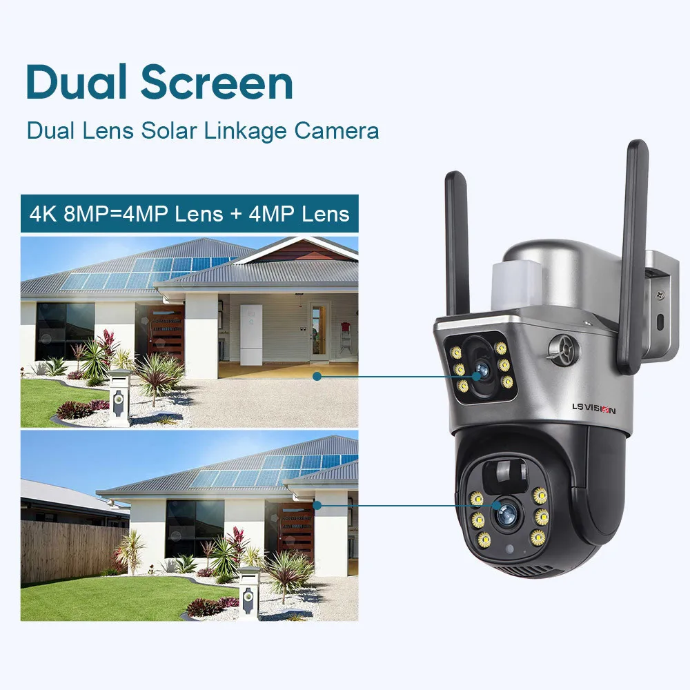 LS VISION Solar Camera 4G Sim Outdoor Dual Lens WiFi 8MP 4K IP Camara Solar Panel CCTV Security Built in Battery PIR Cam V380 2