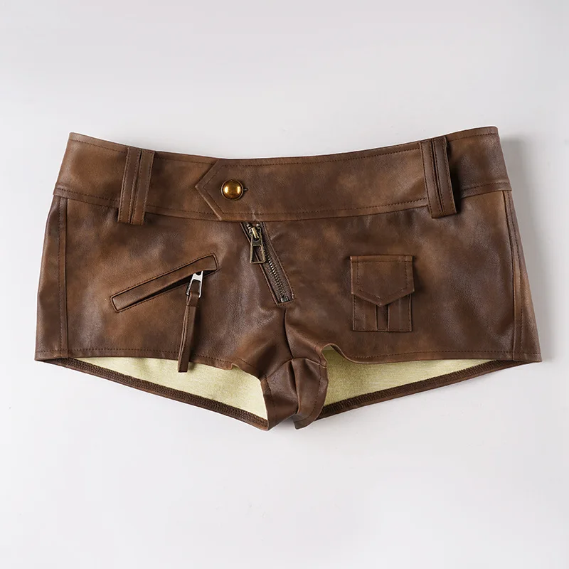 Style de rue Spice Girls mode nouveau Sexy marron Pu cuir Super Shorts femmes taille basse serré hanche Wrap pantalons chauds
