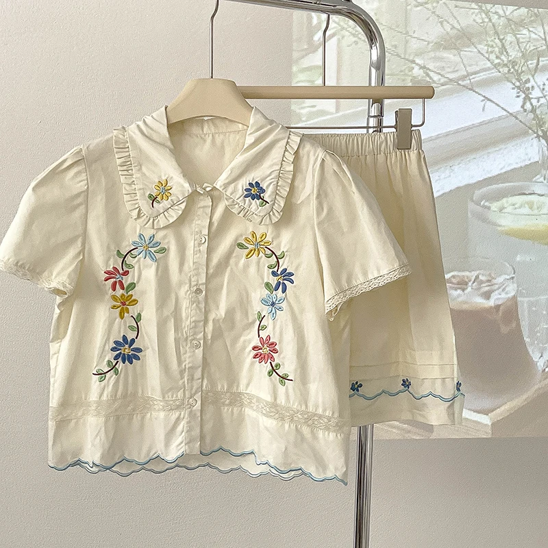 

Женский летний комплект из 2 предметов, Элегантная блузка с цветочным принтом и текстурированной вышивкой и юбка-трапеция с поясом на резинке