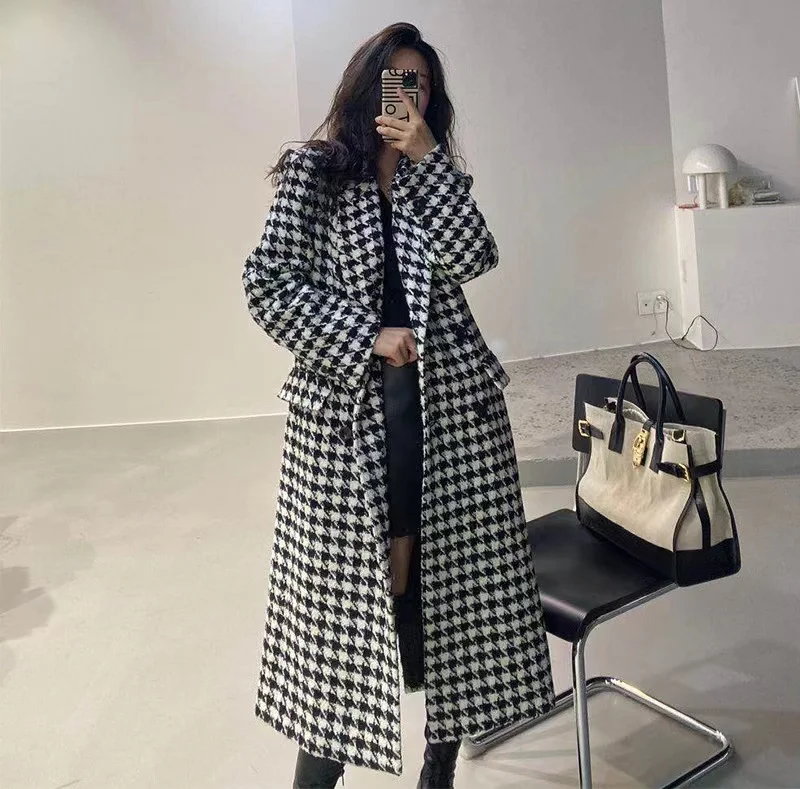 

Fashion Houndstooth Faux Wool Jacket Women Autumn Korean Elegant Single Breasted Long Overcoat Winter Thick Warm Blend Outwear