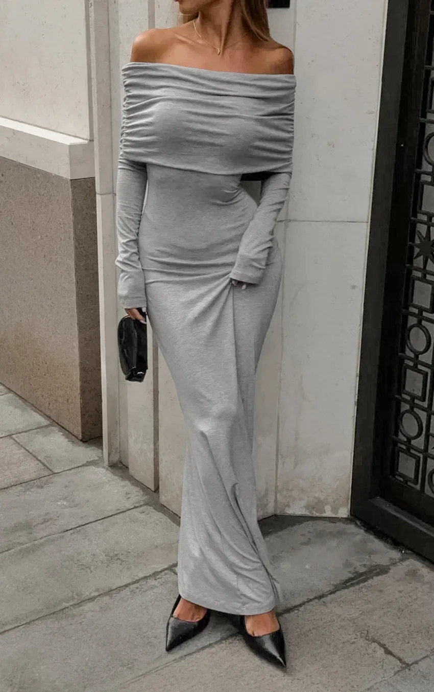 Fashion Autumn Knit Long Dress Women's Off-Shoulder Patchwork Ribbed High Waist Slim Ladies Dress Knitwear Elegant Dress