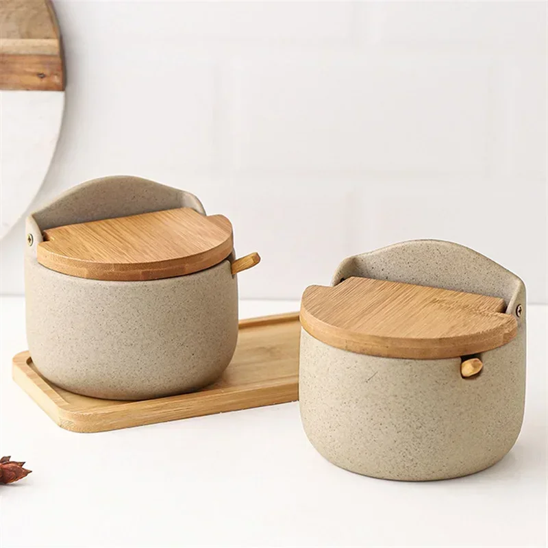 

Style Jar Spice Household Japanese With Bamboo Kitchen Spoon Sugar Storage Lid Seasoning Spices Container Ceramic Box Salt