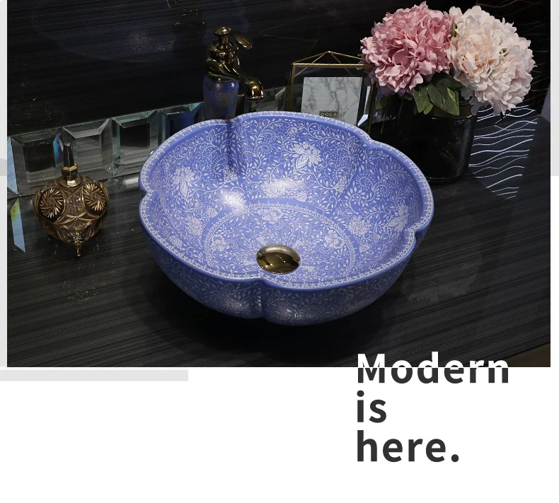 Jingdezhen factory directly art hand painted ceramic counter top washbasin bathroom sinks wash basin flower shape (2)