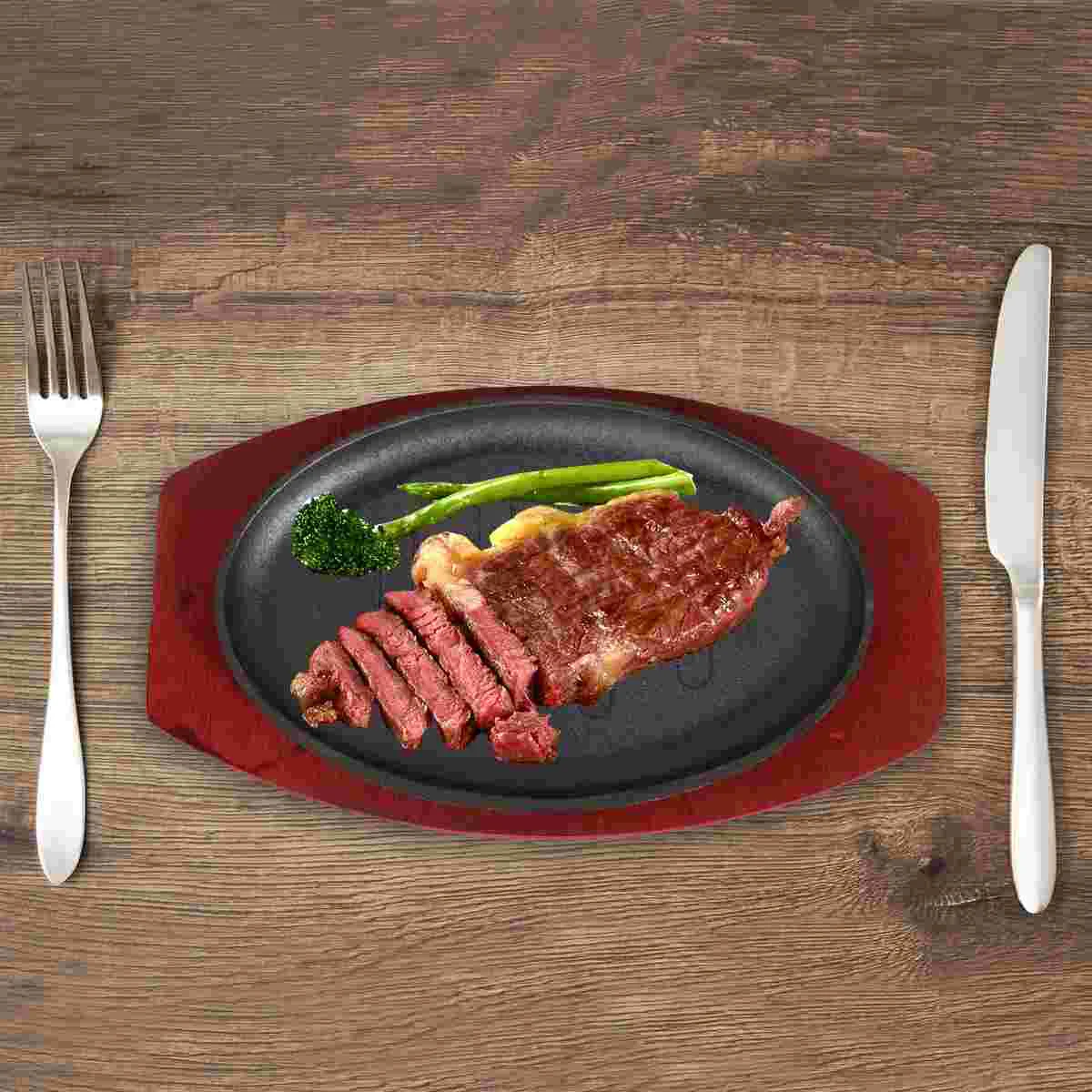 

Steak Fry Pan Non-Stick Grill Cookware BBQ Tray Barbecue Plate With Wooden Tray