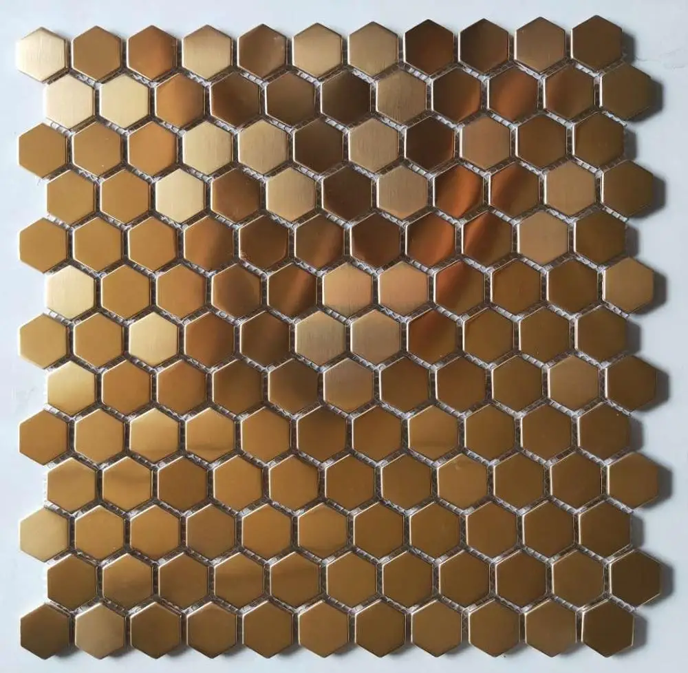 China hexagon brushed gold stainless steel metal mosaic tile for floor and wall decoration