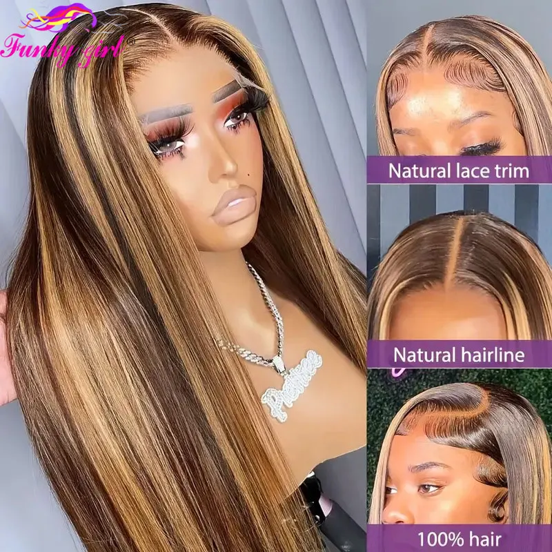 Honey Blonde Ombre Lace Front Wig Highlight Straight Human Hair Wig 13x4 HD Transparent Lace Frontal Wigs Human Hair Pre-Plucked