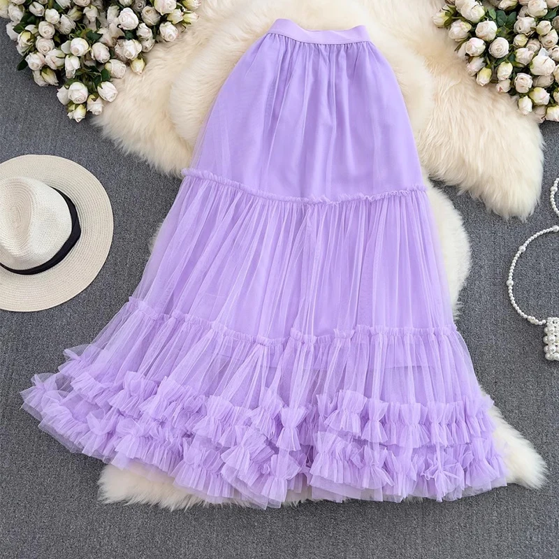 Tigena Aesthetic Sweet Maxi Tulle Skirt Women 2023 Korean Elegant Solid