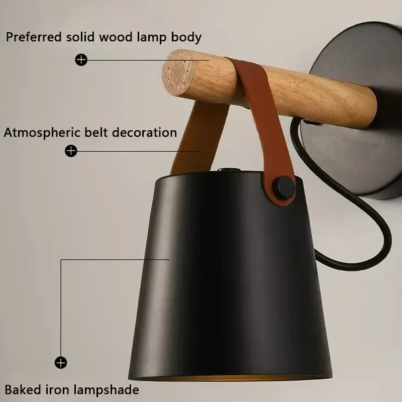 LED Bedside Wall Lamp Nordic Wood Leather Belt Hanging Sconces for Bedroom Study Living Room Modern Home Indoor Decorative Light 5