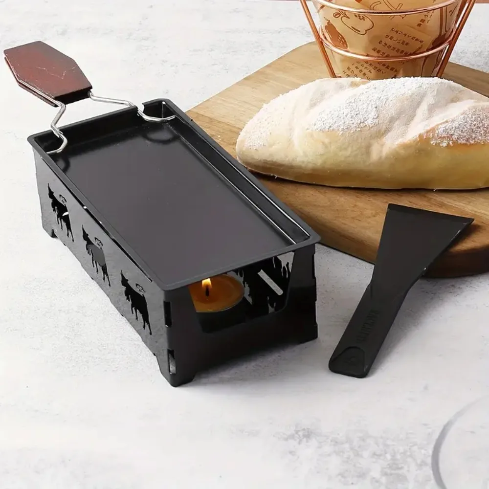 Rectangle Cheese Raclette Stove Set Carbon Steel with Candle Cheese Melting Tray with Shovel Non-Stick Grill Plate